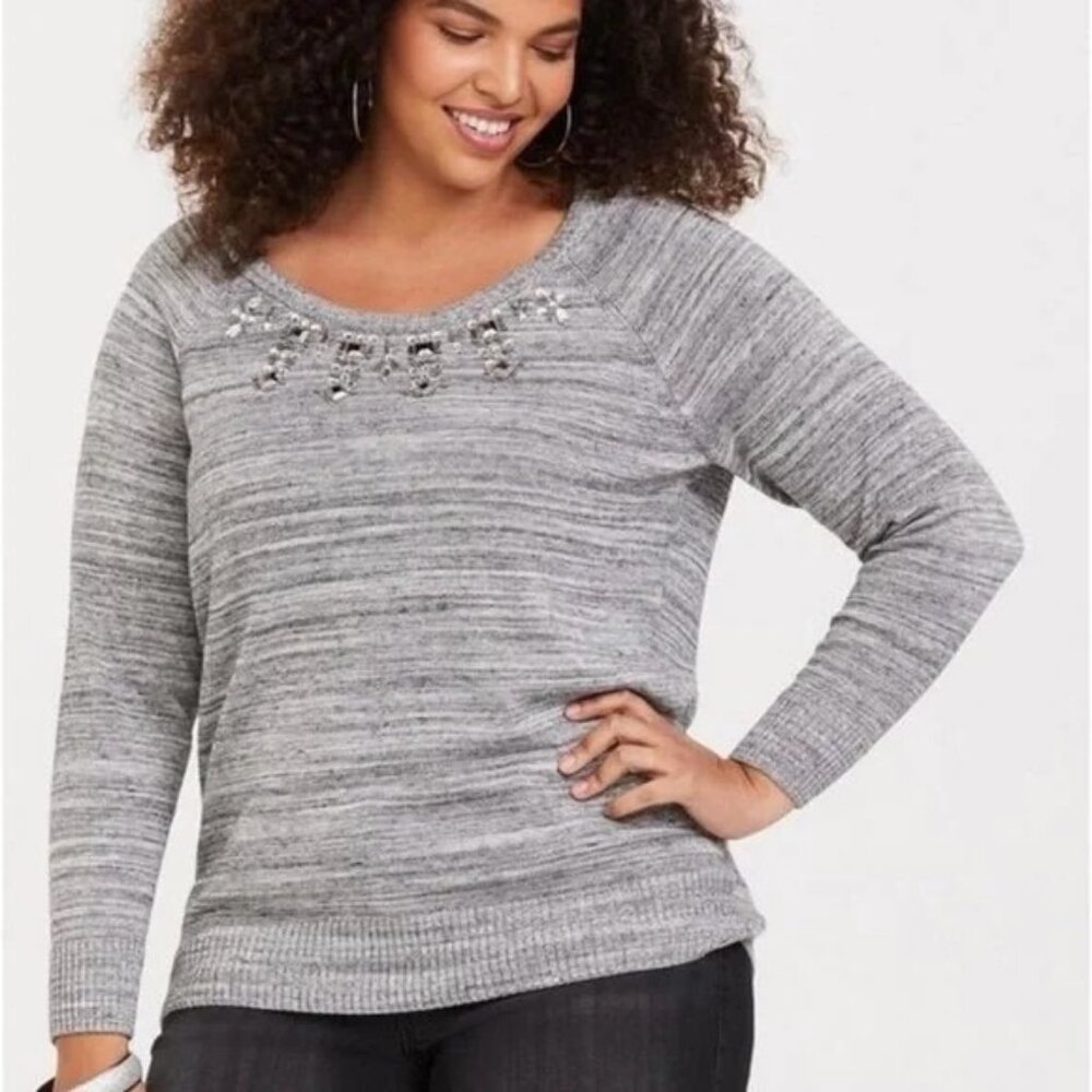 TORRID Women's Gray Marled Embellished Scoop Neck Pullover Sweater 2 Rhinestone